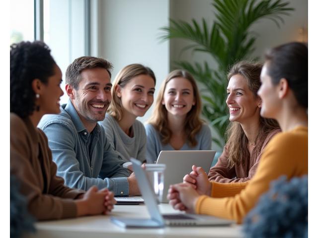 Grupa osób uśmiechniętych, prowadzących ożywioną, wspierającą rozmowę w przytulnym, jasnym otoczeniu, symbolizująca aktywną i bezpieczną społeczność online.