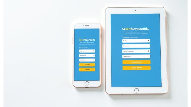 Czysty, nowoczesny interfejs formularza rejestracyjnego na smartfonie i tablecie, w kolorystyce brandu, z ikonami symbolizującymi prostotę i bezpieczeństwo, podkreślający łatwość dołączenia do społeczności.