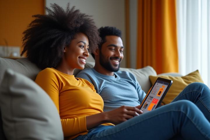 Para siedząca razem na kanapie, uśmiechnięta, z tabletem wyświetlającym kurs online, symbolizująca udział w programie.